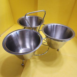 Vintage Stainless Steel 3 Bowl Condiment Server With Stand/Rack